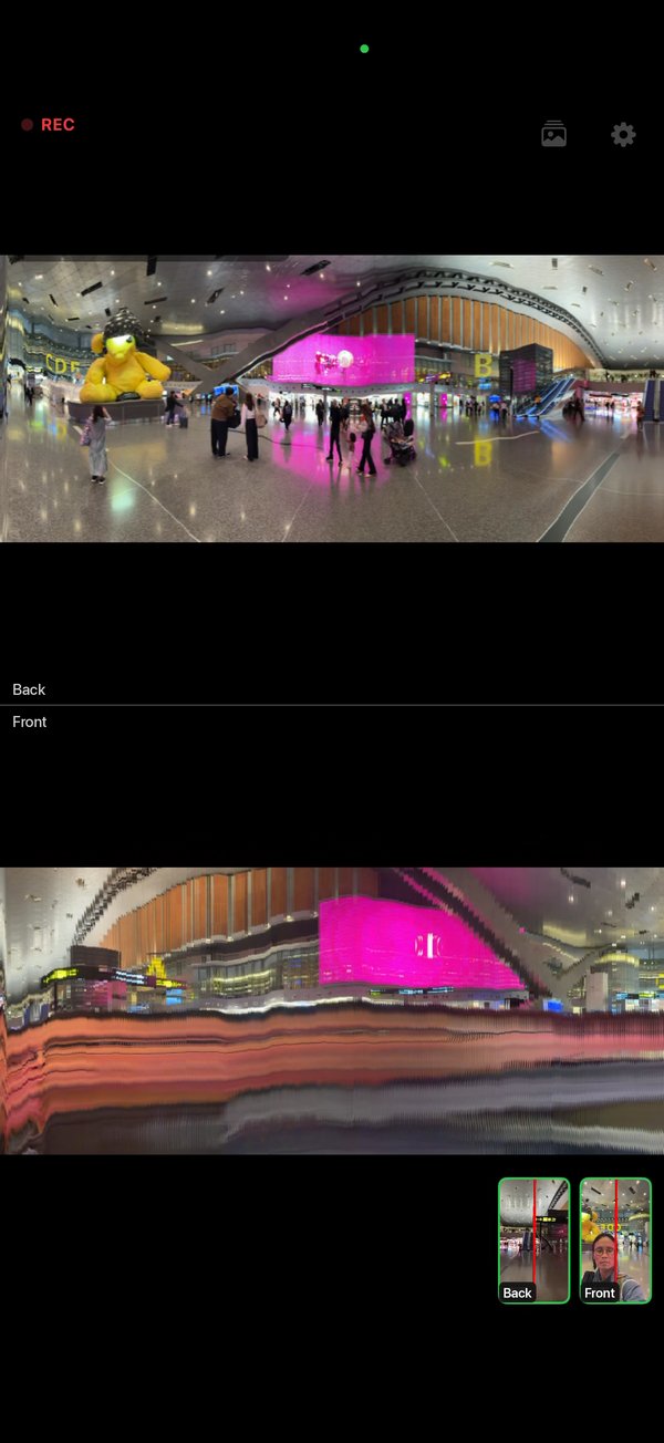 Main screen during a scan: the back-camera and front-camera results stacked one above the other, with small previews of both cameras in a corner