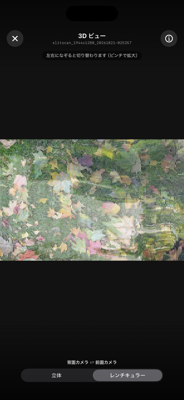 3D の画面の「レンチキュラー」。背面カメラと前面カメラの画像が、細い縦縞になって混ざっている