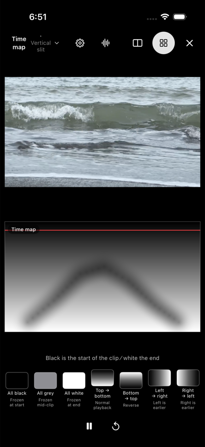 The preset screen: seven preset buttons, each with a thumbnail and a caption saying what it will do with the current settings