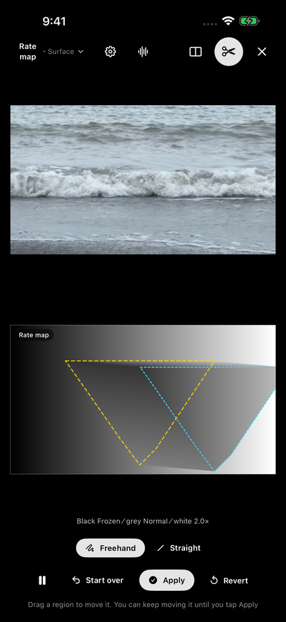 A freehand loop around a triangle, slid to the right: the original outline in yellow, the moved outline in cyan