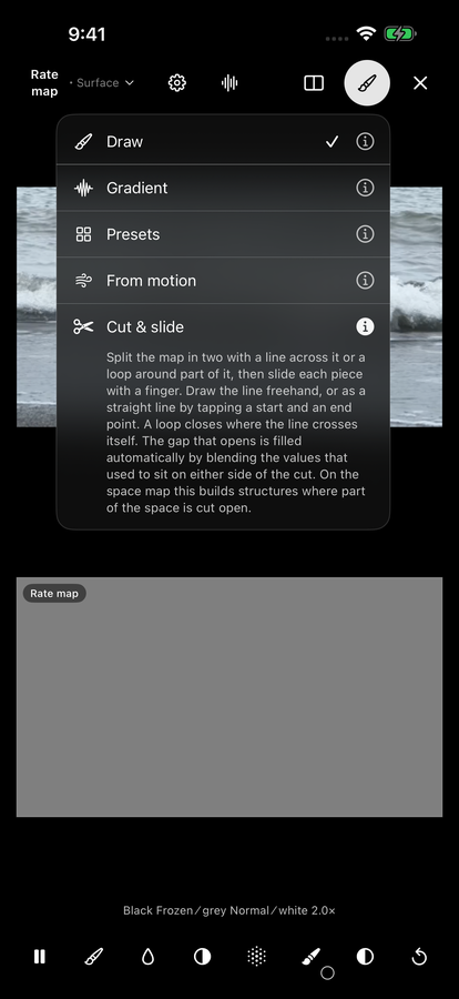 The method list with an i button on every row and the Cut & slide explanation open