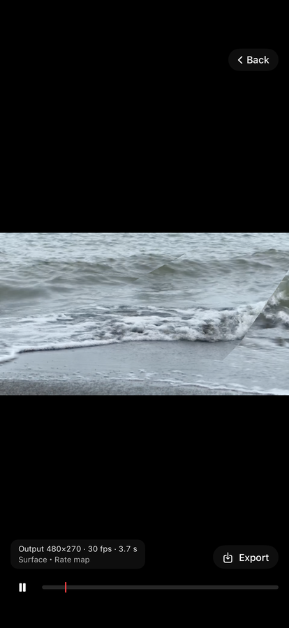Full-screen Output with size, frame rate, length, mode, an Export button and a playback bar
