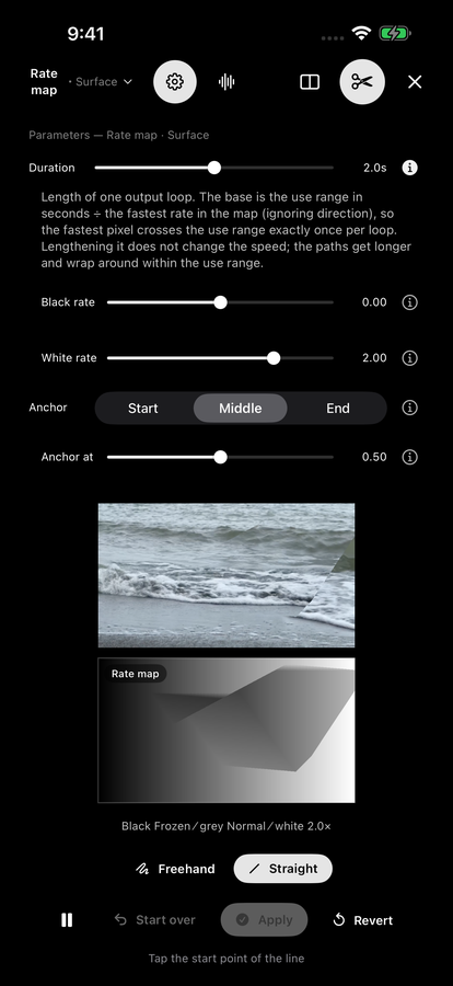 The Parameters panel with the Duration explanation open for a surface rate map