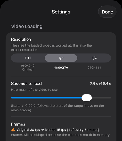 Settings, Video Loading: Resolution, Seconds to load, and a Frames line saying frames will be skipped
