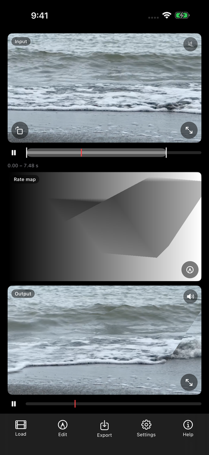 The main screen: the input video with its range bar at the top, a rate map made with Cut & slide in the middle, and the output video at the bottom